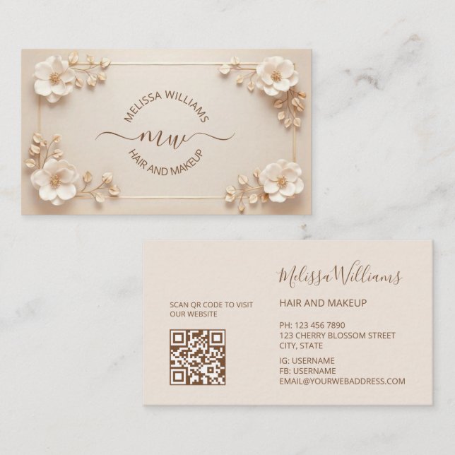 Vita Beige 3D Blommor Initialer Visitkort (Fram/baksida)