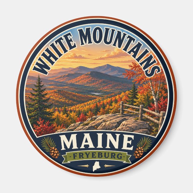 Vita bergen Fryeburg Maine Rund Magnet (Framsidan)