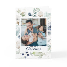 VITA BLÅ BLOMMAR GLAD JUL FOTOKORT