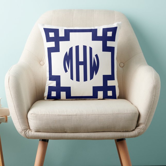 Vita blå cirkel Monogram Grekiska Nyckel DIY BG Kudde (Skapare uppladdad)