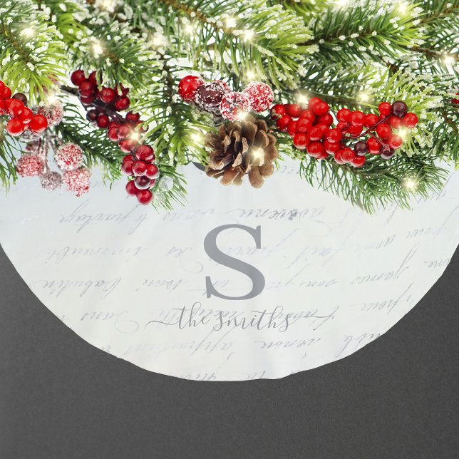 Vita Blå Mönster-julen i familjen Monogram Julgransmatta Borstad Polyester (Monogram Family White Blue Pattern Christmas Brushed Polyester Tree Skirt
)