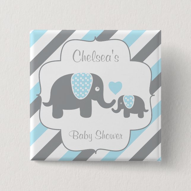 Vita, blå och Grått Rand Elephants Baby Shower Knapp (Framsida)