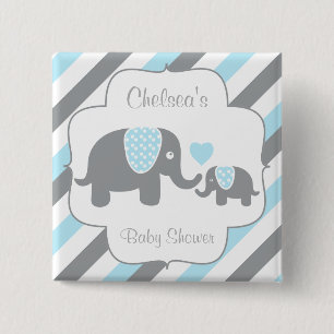 Vita, blå och Grått Rand Elephants Baby Shower Knapp