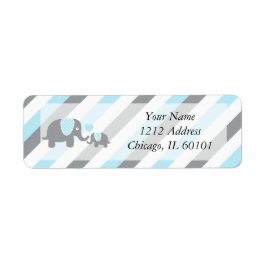 Vita, blå och Grått Rand Elephants Baby Shower Returadress Etikett