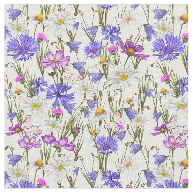 Vita, blå och Lila Wildblommor Botaniska Tyg (Närbild)