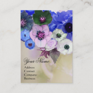 VITA BLÅ ROSOR OCH ANEMONEBLOMMOR MONOGRAM VISITKORT
