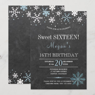 Vita blå snöflingor chic vinter sweet sixteen inbjudningar