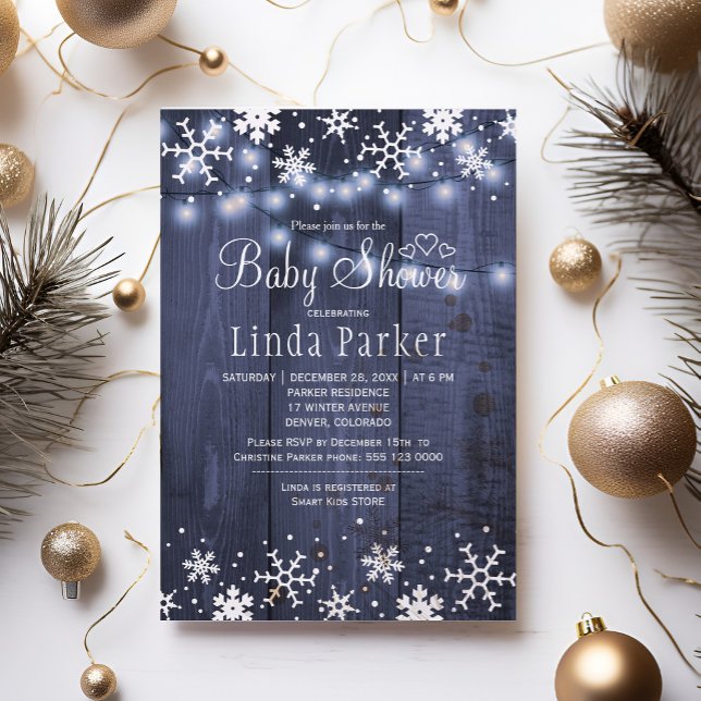 Vita blå snöflingor rustika vinter baby shower inbjudningar (Skapare uppladdad)