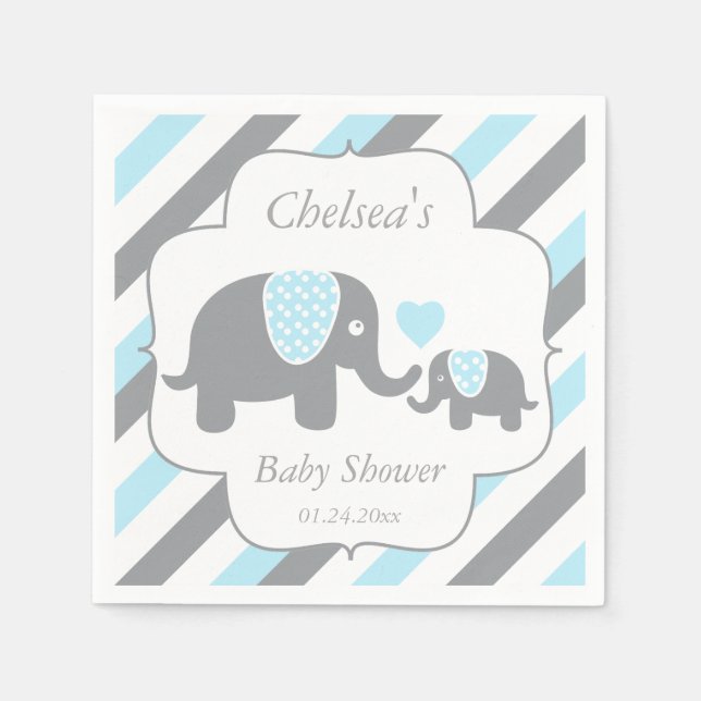 Vita, blåa & grå randiga elefanter Baby Shower Pappersservett (Framsidan)