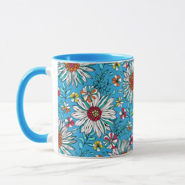 Vita blåa Gulten Orange Röda Daisyn Flowers Mönste Mugg (Vänster)