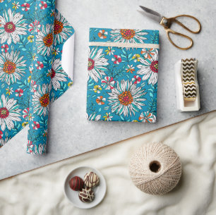 Vita blåa Gulten Orange Röda Daisyn Flowers Mönste Presentpapper
