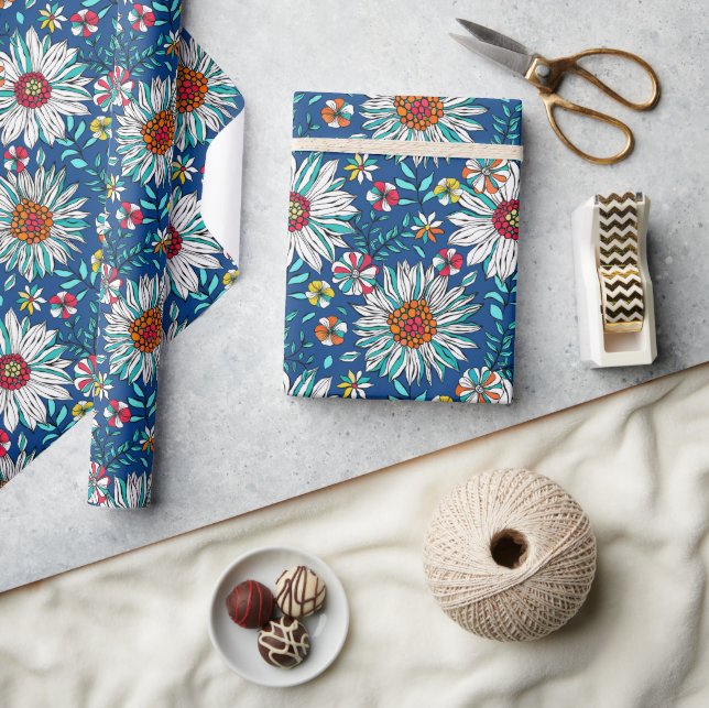Vita blåa Gulten Orange Röda Daisyn Flowers Mönste Presentpapper (Hantverk)