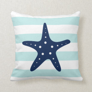 Vita blåa & Mint Wide Rand Mönster Starfish Kudde