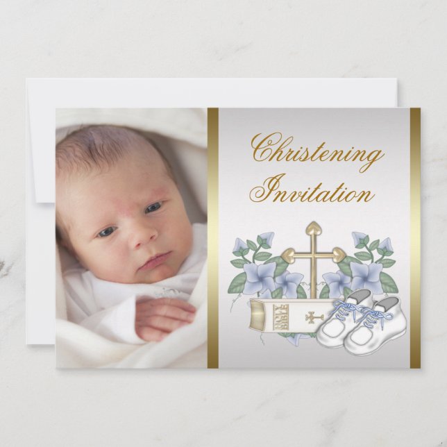 Vita blåblå Guld Pojke-fotokristening Inbjudningar (Framsida)