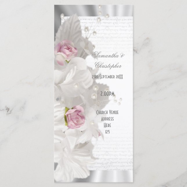 Vita blomman rosa ros kyrkans bröllopsprogram program (Framsida)