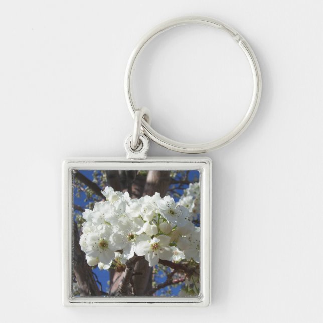 Vita Blommar II Vår Blommar Träd Fyrkantig Silverfärgad Nyckelring (Framsidan)