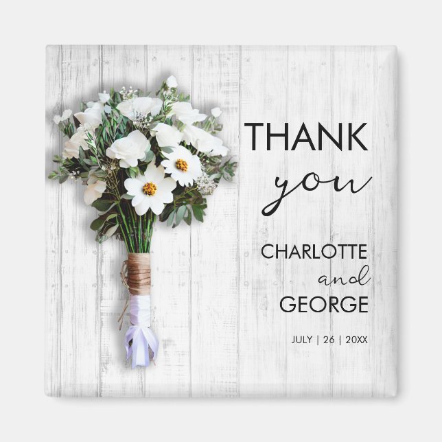 Vita blommigt bröllop bouquet-favörer magnet (Framsidan)