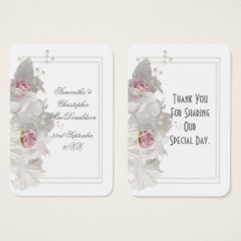 Vita blommigt bröllop, tack märkre visitkort