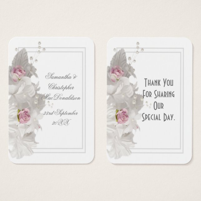 Vita blommigt bröllop, tack märkre visitkort (Framsida & baksida)