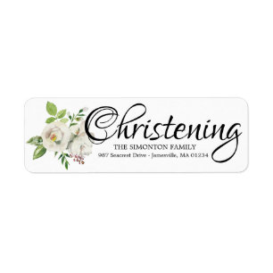 Vita Blommigt Christening Returetiketters Returadress Etikett