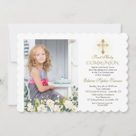 Vita Blommigt Guld Foto Heliga Communion för Kor Inbjudningar