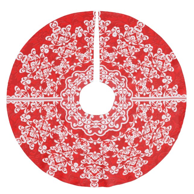 Vita Blommigt Snöre Red Damasks Julgransmatta Borstad Polyester (Framsidan)