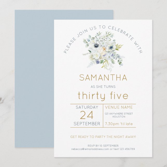 Vita Blommigtar Eucalyptus 35e Födelsedagsfest Inbjudningar (Fram/baksida)