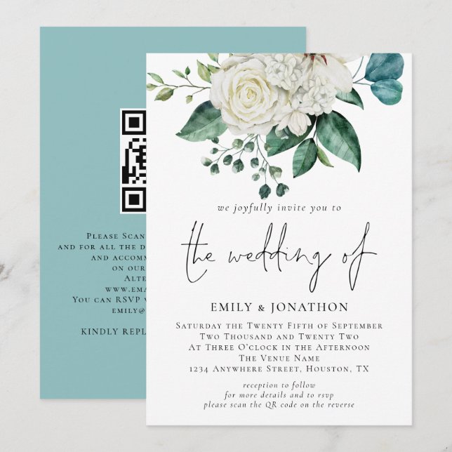 Vita Blommigtar Eucalyptus QR- kod Bröllop Inbjudningar (Fram/baksida)