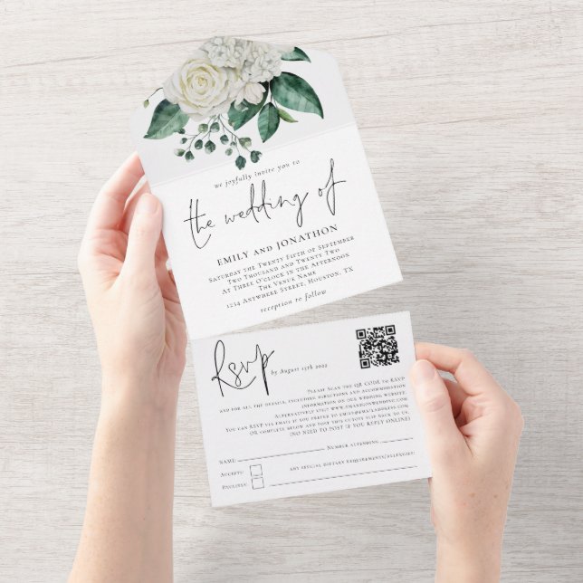 Vita Blommigtar Foliage QR-kodskript Bröllop (Tearaway)