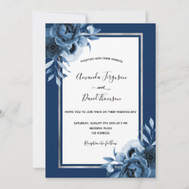 Vita blommigtar i marinblått silver chic bröllop inbjudningar