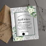 Vita blommigten attire palettlyxur silver på födel inbjudningar<br><div class="desc">Faux silver tittar bakgrund med vita blommigtar, blommor, eukalyptus greenery och faux silver glitter, gnistor. Anpassa och lägg till ditt namn och information om party. Black brev. Klicka på Redigera design om du vill redigera färger, lägga till/ta bort fler färg-block eller göra paletten mindre om du har mycket text. Redigera...</div>
