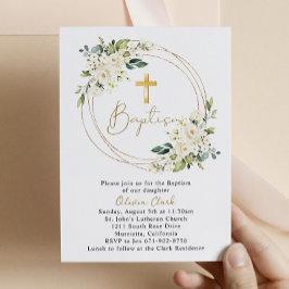 Vita Blommigten Baptism Christening Guld Ram Inbjudningar