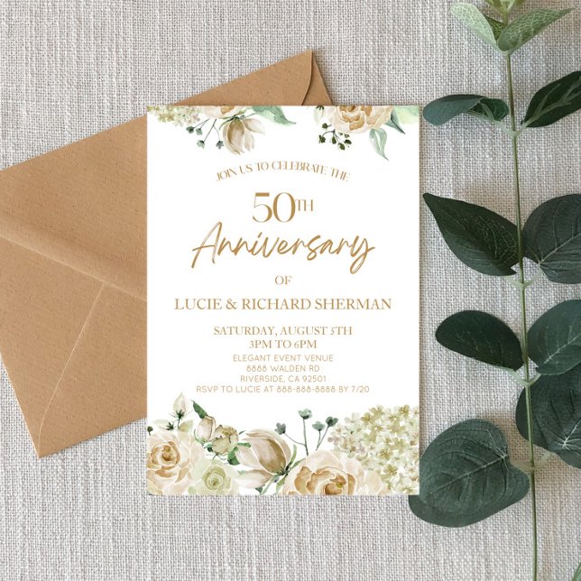 Vita Blommigten Blommor 50:e Bröllop-årsdagen Inbjudningar (Skapare uppladdad)