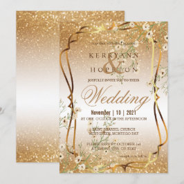 Vita Blommigten Gren och Guld Glitter Inbjudningar