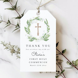 Vita Blommigten Grey First Communion Favor Presentetikett