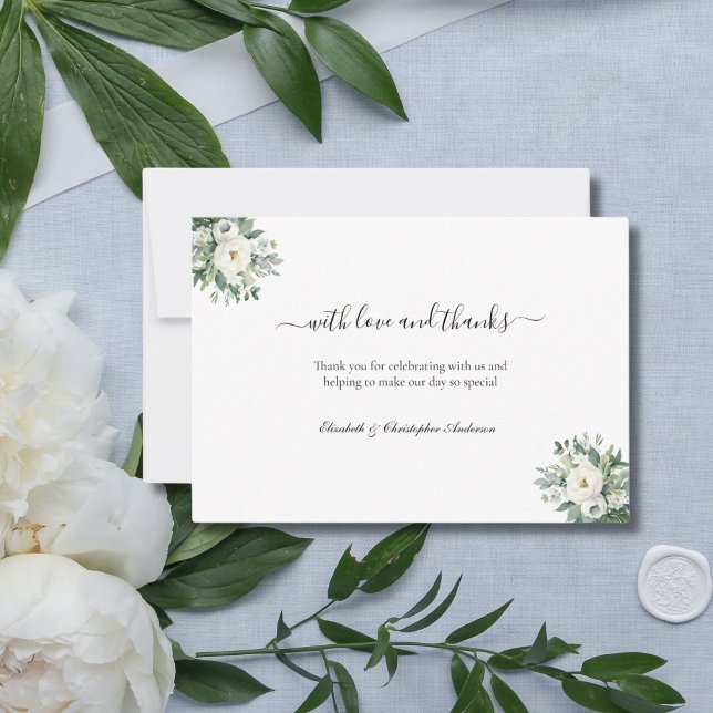 Vita Blommigten Grey med Kärlek och tack Bröllop (White Watercolor Florals and Greenery Wedding Thank you card. Elegant and Formal)