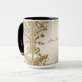 Vita Blommigten Guld Ornate Mugg