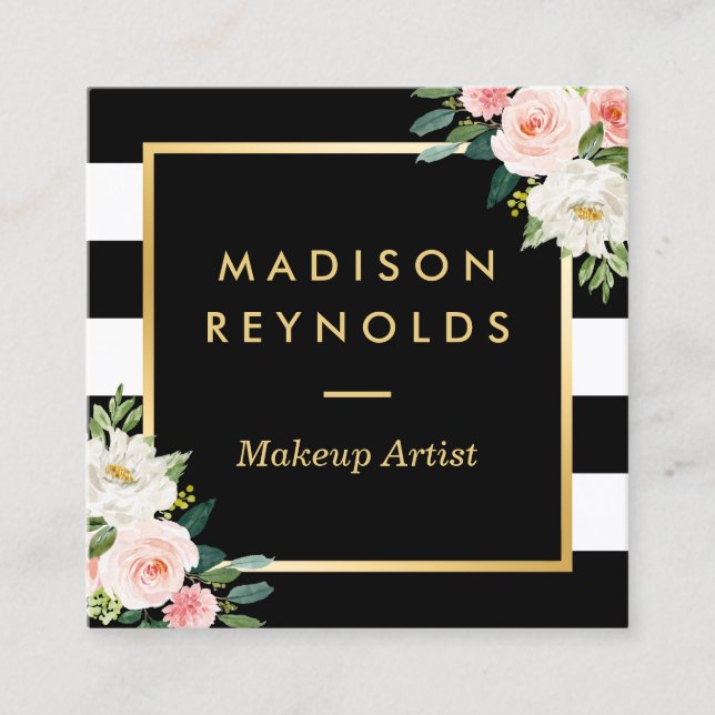  vita Blommigten Guld Svarta vita Randen Ram Fyrkantigt Visitkort (Framsida)