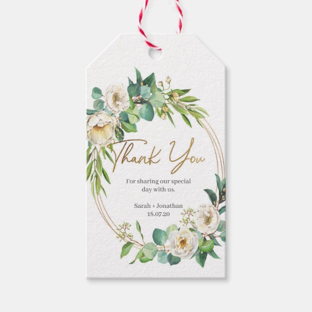 Vita blommigten och guld Bröllop Tack märkre Presentetikett (Framsidan)