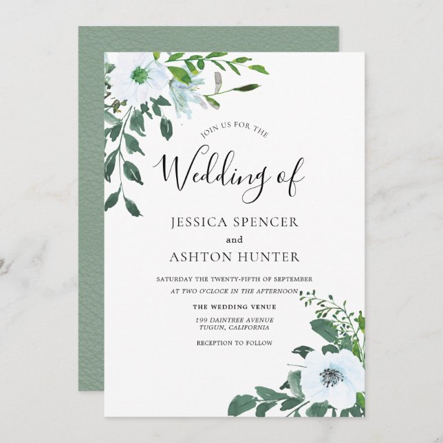 Vita Blommigtens inbjudan till Greenery Elegant br (Fram/baksida)