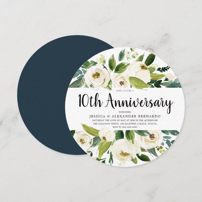 Vita blommor 10:e 15:e 20:e bröllopsjubileum inbjudningar (Fram/baksida)