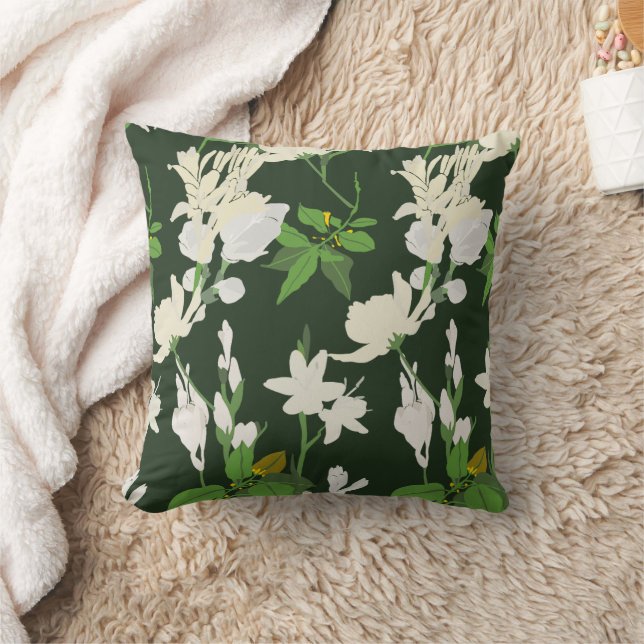 Vita blommor 1 mörk grönt bak dekorativ kudde (Filt)