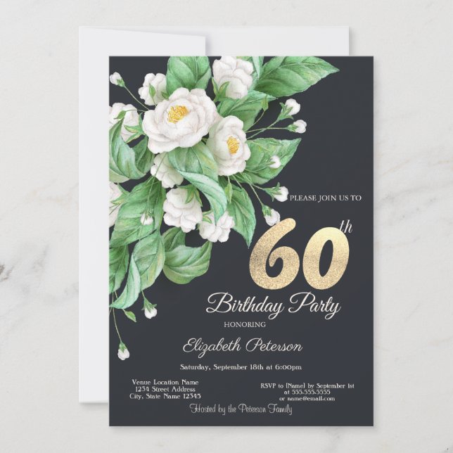 Vita blommor 60-årsdag  inbjudningar (Framsida)