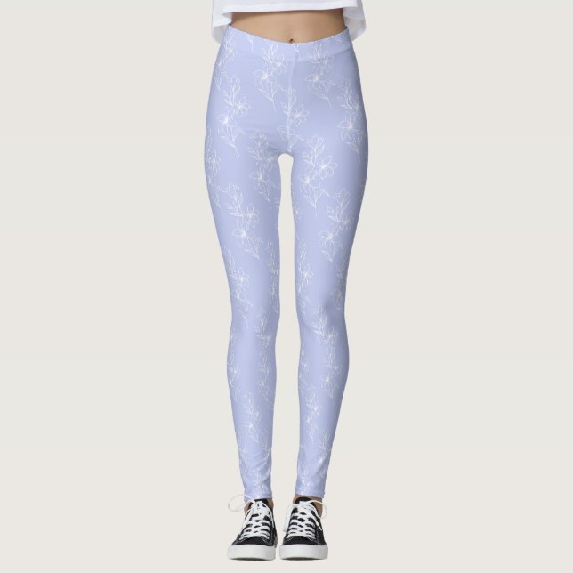 Vita blommor blå bakgrund leggings (Framsida)