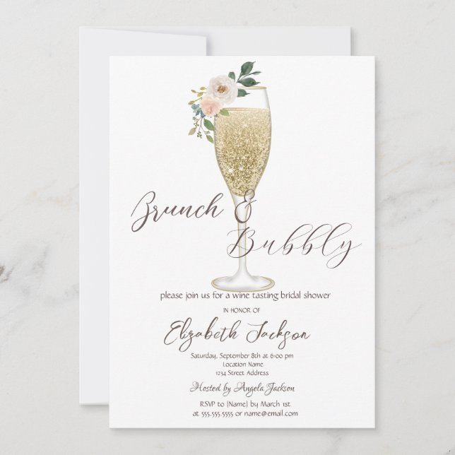 Vita Blommor Champagneglas Brunch & Bubbly Inbjudningar (Framsida)