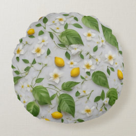 Vita blommor citroner gröna blad mönster på vit rund kudde