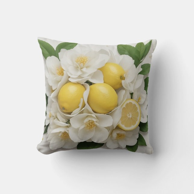 Vita blommor, citroner & gröna blad på vitt kudde (Framsida)
