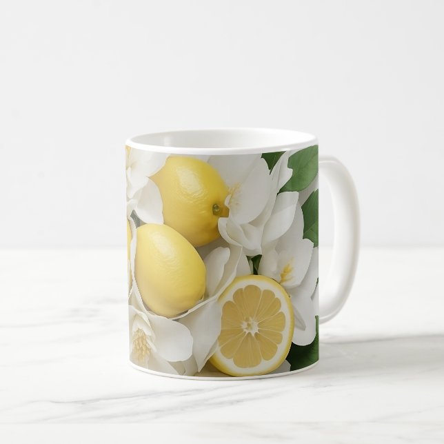 Vita blommor, citroner och Grönt Löv på vitt Kaffemugg (Framsida höger)