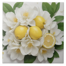 Vita blommor, citroner och Grönt Löv på vitt