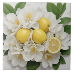 Vita blommor, citroner och Grönt Löv på vitt Kakelplatta